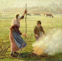 two women are standing near a fire in the grass with cows behind them and one woman is holding a stick