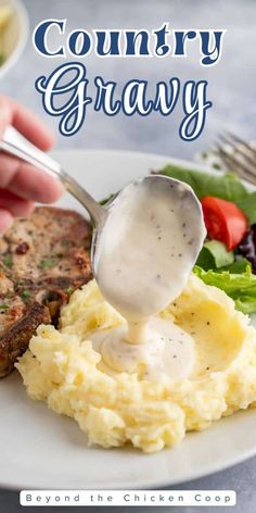 a plate with mashed potatoes, meat and gravy being drizzled over it