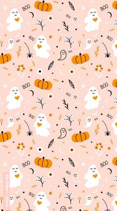 an orange and white halloween pattern with ghost, pumpkins, and leaves on a pink background