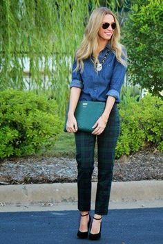 Offset the preppiness of tartan pants by pairing them with a casual, workwear-y chambray shirt Green Plaid Pants Outfit, Green Plaid Pants, November Outfits, Plaid Pant, Checked Pants, Lucky Magazine, Patterned Pants