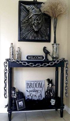 a black shelf with some decorations on it