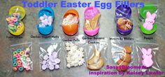 an assortment of easter egg fillers in plastic bags on a table with text overlay that says toddler easter egg fillers