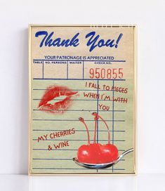 a thank you note with a cherry on it and a spoon in the foreground