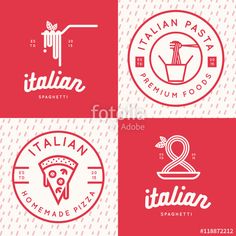 four logos for italian food, including pizza and salads on red and white background