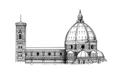 a black and white drawing of a large building with a dome on it's roof