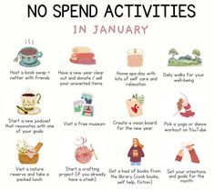 a poster with the words, no spend activities in january and other things to do