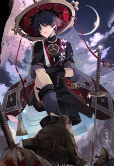 an anime character is standing on top of a hill with two swords in her hand