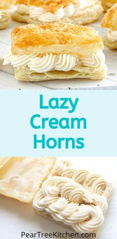 some kind of pastry that is sitting on a table with the words lazy cream horns