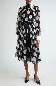 Dolce&Gabbana Polka Dot Long Sleeve Belted Chiffon Midi Dress | Nordstrom Elegant Polka Dot Silk Dress, Elegant Silk Polka Dot Dress, Ladies Wear Dresses, Polka Dot Dress Outfit, Iconic Looks, Satin Belt, Banquet Dresses, Dolce Gabbana Dress, Chiffon Midi Dress