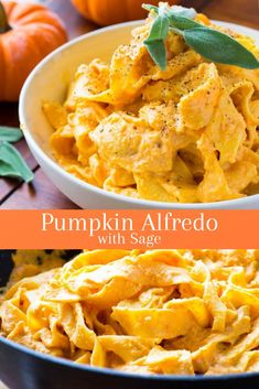 pumpkin alfredo with sage in a white bowl on a wooden table next to an orange pumpkin