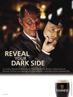 an advertisement for guinness's reveal your dark side, featuring a man in a suit