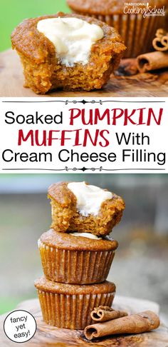 some pumpkin muffins with cream cheese filling are stacked on top of each other