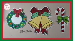 three christmas stickers with bells, wreaths and candy canes on the side