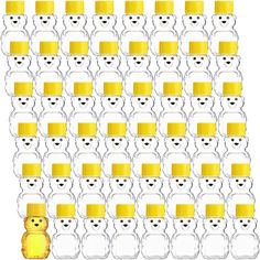 a large group of teddy bears with yellow cups in front of them and a small bear on the bottom