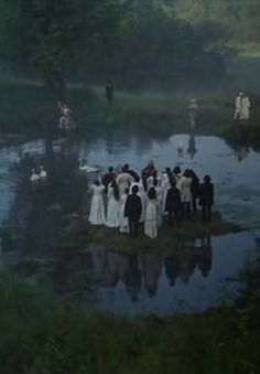 an old photo of people standing in the middle of a pond with swans and ducks