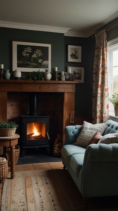 a living room filled with furniture and a fire place in the middle of the room