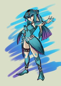 a drawing of a woman with blue hair and an outfit, holding her hands out