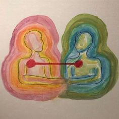 an abstract painting of two people facing each other and one is holding a heart shaped object