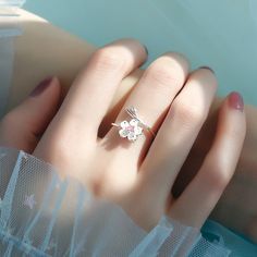 Size: Adjustable Opening Fashion Element: Flowers Style: Korean Korean Style Cherry Blossom Ring, Matching Stuff, Silver Flower Ring, Silver Ring Designs, Ring Inspo, Rings For Girls, Pink Ring, Minimalist Rings, Cz Diamond