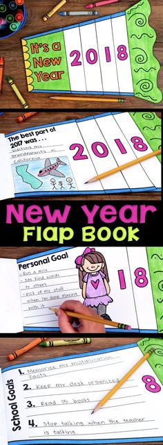 the new year flip book with pencils and crayons