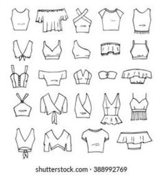 a bunch of clothes that are drawn in black and white