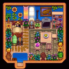 an old - school computer game with a kitchen and living room in the background, surrounded by plants