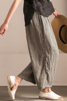 Lovely Black White Grid Wide-legged Pants Linen Casual Trousers K107B Casual Linen Pants, Sewing Pants, White Grid, Pants Linen, Linen Casual, 가을 패션, Casual Trousers, Fashion Logo, Mode Inspiration