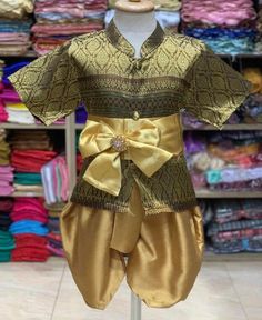 "- One set included with shirt, pants and shawl XS = chest 16-24\" (6-10 Kg.) 6 months -1 yr. S = chest 18-26\", (8-12 Kg.) 1-3 years M = chest 20-28\", (12-15 Kg.) L = chest 24-32\", (15-20 Kg.) XL = chest 24-36\" (20-25 Kg.) XXL = up to 25-30 kg." Traditional Clothes, Shirt And Pants, Vintage Shirt, One Set, Kids Tops, Traditional Outfits, Laos, Vintage Shirts, Kids Boys