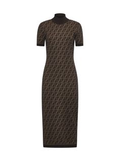 Find FENDI Dresses on Editorialist. Knit dress made from a viscose blend featuring an FF print. It has a mock neck and a sleeveless, fitted silhouette. Crafted in Italy. Luxury Fitted Midi Dress With Short Sleeves, Fitted Short Sleeve Luxury Midi Dress, Luxury Short Sleeve Midi Dress For Work, Luxury Midi Dress For Summer, Designer Summer Midi Dress, Elegant Jacquard Knit Midi Dress, Fitted Jacquard Knit Summer Dress, Designer Fitted Short Sleeve Dresses, Fitted Jacquard Knit Knee-length Dress