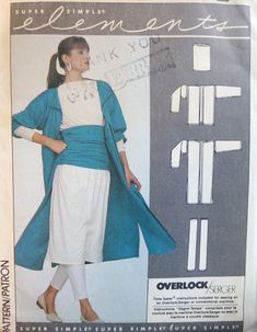 a woman in a blue coat and white dress is standing next to an overlock pattern