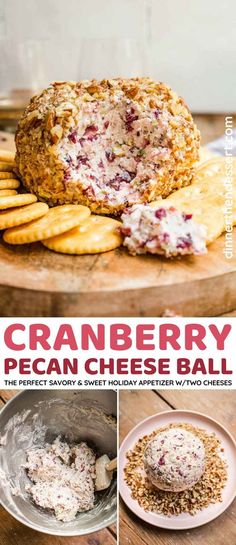 cranberry pecan cheese ball on a plate with crackers and other ingredients