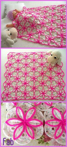 crocheted baby blanket with pink flowers on it and two stuffed animals laying next to each other