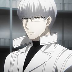 an anime character with white hair and glasses in front of a glass building, looking at the camera