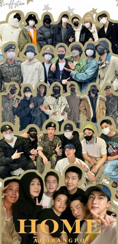 a collage of people with masks on their faces and the words home above them