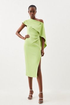 Compact Stretch Viscose Tailored One Shoulder Drape Detail Midi Dress | Karen Millen