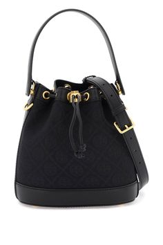 Tory Burch T Monogram bucket bag made of jacquard fabric with leather and tone-on-tone trims. Drawstring closure, fabric with one open leather pocket, additional leather patch pocket at back, single handle, adjustable and detachable shoulder strap and protective studs. Gold-finished metalware. Size Info STANDARD Color Detail Black Made In Cina Material 60%CO 40%PL Season One spring Season Two summer Product bags Brand Tory Burch Size And Fit Bag Length = 20,5 cm, Bag Height = 21,5 cm, Handle Hei Travel Bucket Bag With Gold-tone Hardware And Coated Canvas, Designer Coated Canvas Bucket Bag With Removable Pouch, Chic Monogram Canvas Bucket Bag With Leather Handles, Monogram Canvas Bucket Bag With Detachable Strap, Designer Tan Bucket Bag For Travel, Tan Top Handle Bucket Bag With Gold-tone Hardware, Designer Tan Bucket Bag With Leather Handles, Monogram Canvas Bucket Bag With Leather Handles, Coated Canvas Bucket Bag With Gold-tone Hardware