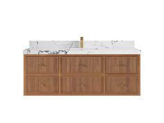 an image of a bathroom vanity with marble counter top and wooden cabinetry on white background