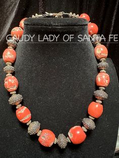 Vintage Bamboo Peach Coral Necklace with old, fancy Sterling Silver bead.  21 inch. 9.0 oz.  I can polish the silver to make it look like new upon request. SEE MATCHING BRACELET. FREE SHIPPING:  SEE this and other pieces not shown here at gaudyladyofsantafe.com Elegant Orange Necklace With Spacer Beads, Traditional Silver Beaded Necklace For Formal Occasions, Traditional Orange Jewelry With Silver Beads, Orange Jewelry With Silver Beads For Gift, Orange Jewelry With Silver Beads As A Gift, Traditional Orange Jewelry With Spacer Beads, Traditional Polished Beads Collectible Jewelry, Antique Polished Beads For Gifts, Vintage Silver Jewelry With Gemstone Beads