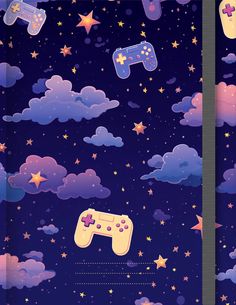 two video game controllers flying through the air with stars and clouds in the sky behind them