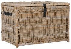 a large wicker basket with leather handles on an isolated white background for use as a storage container