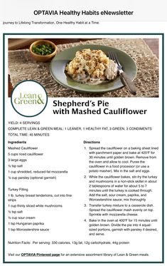 the recipe for shepherd's pie with mashed cauliflower is shown here