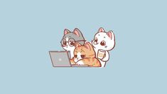 three cats sitting on top of a laptop computer with one cat holding the other's paw