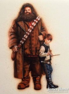 a painting of a man with a long beard standing next to a little boy