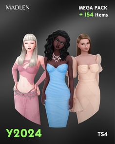 three women in dresses are standing next to each other and the text reads, mega pack for