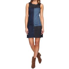 Stylish Dress Boasts A Flattering Denim Color Block Design With Raw Edges Along The Neckline And Hem. Sheath Silhouette. Round Neckline. Sleeveless Construction. Back Zip Closure. Straight Hemline. 98% Cotton, 2% Elastane. Machine Wash Cold And Tumble Dry Low. Imported. Bust: 32.5" Waist: 34" Hips: 36.5" Length: 35" Casual Knee-length Patchwork Denim Dress, Casual Patchwork Dark Wash Dresses, Medium Wash Patchwork Denim Dress, Medium Wash Patchwork Summer Dress, Summer Patchwork Medium Wash Dress, Spring Patchwork Dark Wash Dress, Fitted Denim Patchwork Dress, Fitted Mini Dress With Frayed Hem, Sleeveless Dresses With Frayed Hem