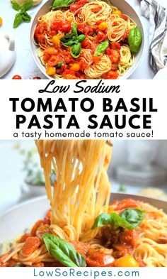 tomato basil pasta sauce in a white bowl with the title overlay that reads low season tomato basil pasta sauce