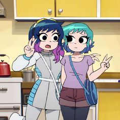 two cartoon characters standing in a kitchen with one pointing at the other's ear