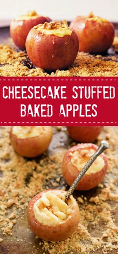 baked apples with cheesecake stuffed baked in them on a baking sheet and topped with crumbs