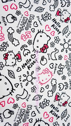 an image of hello kitty wallpaper with hearts and flowers on white background, closeup