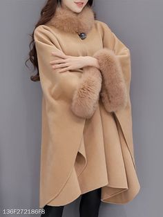 Faux Fur Collar Frayed Trim Plain Batwing Sleeve Coat - berrylook.com Shawl Coat, Shawl Jacket, Woolen Coat Woman, Feather Coat, Long Overcoat, Woman Clothes, Women Overcoat, Fur Coats Women, Womens Parka